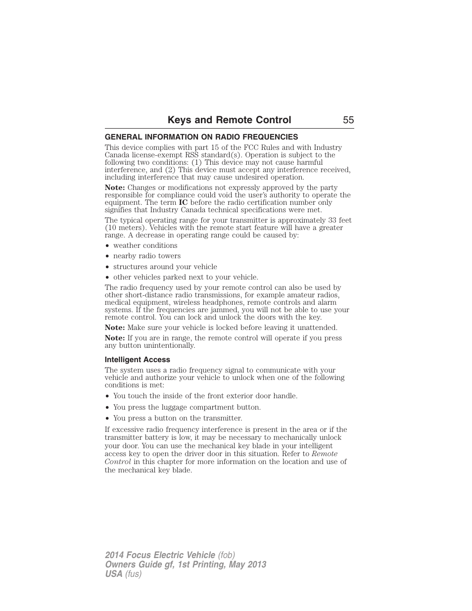 Keys and remote control, General information on radio frequencies, Intelligent access | Keys and remote control 55 | FORD 2014 Focus Electric User Manual | Page 56 / 403