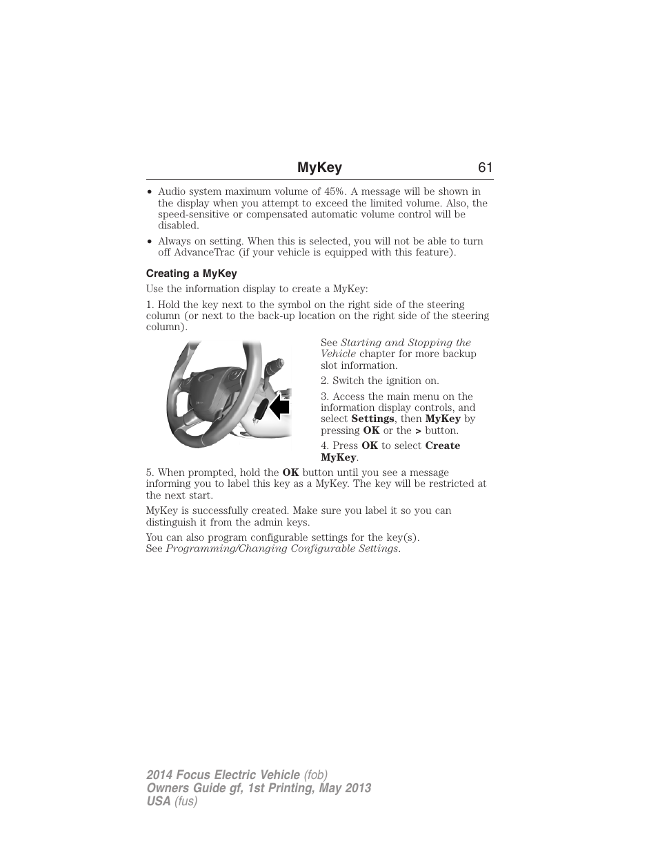 Creating a mykey, Creating, Mykey 61 | FORD 2014 Focus Electric User Manual | Page 62 / 403