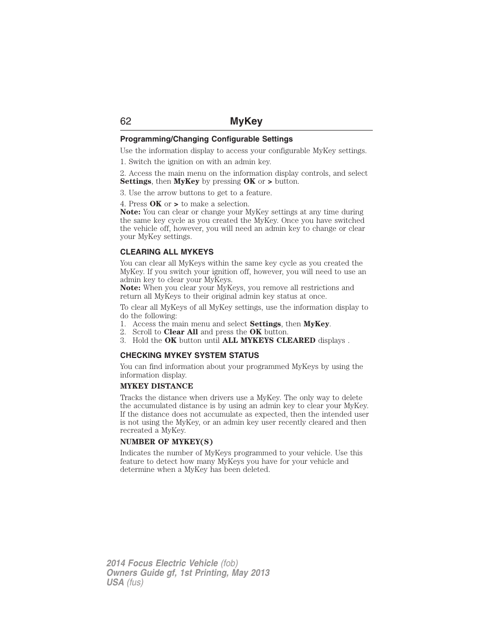 Programming/changing configurable settings, Clearing all mykeys, Checking mykey system status | Clearing, System status, 62 mykey | FORD 2014 Focus Electric User Manual | Page 63 / 403