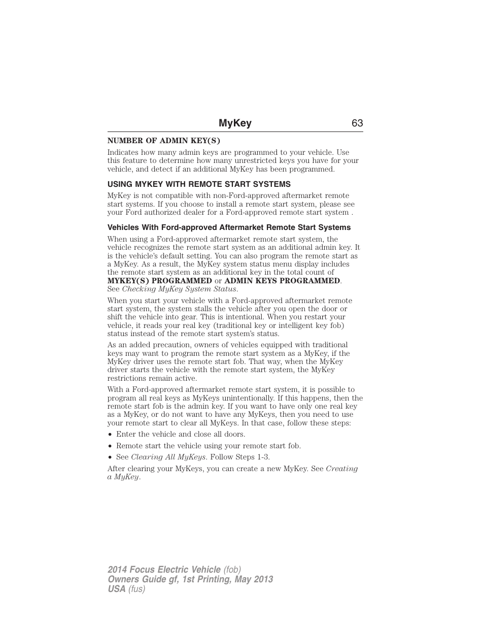 Using mykey with remote start systems, Remote start, mykey, Mykey 63 | FORD 2014 Focus Electric User Manual | Page 64 / 403