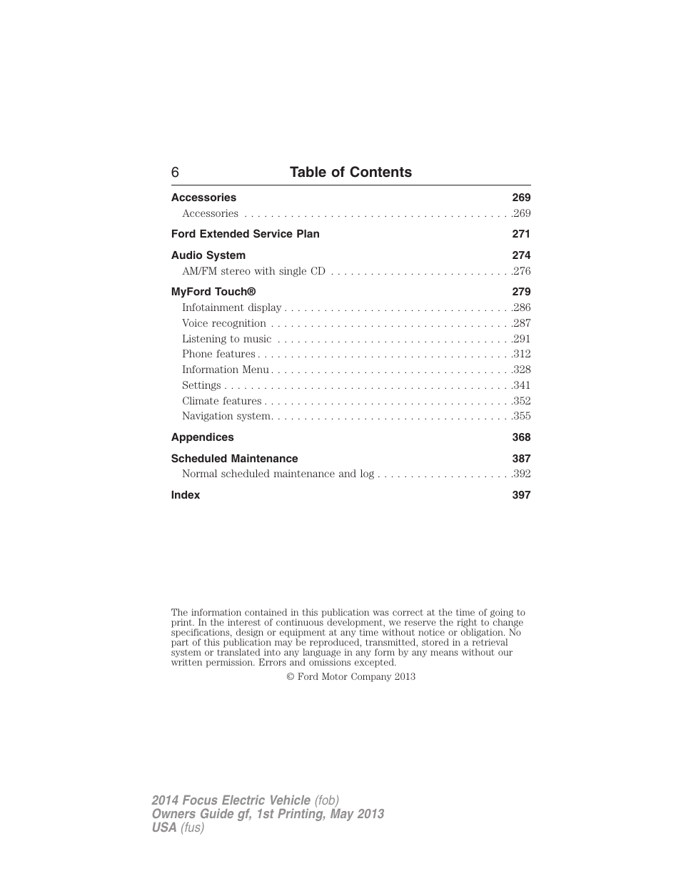 6table of contents | FORD 2014 Focus Electric User Manual | Page 7 / 403