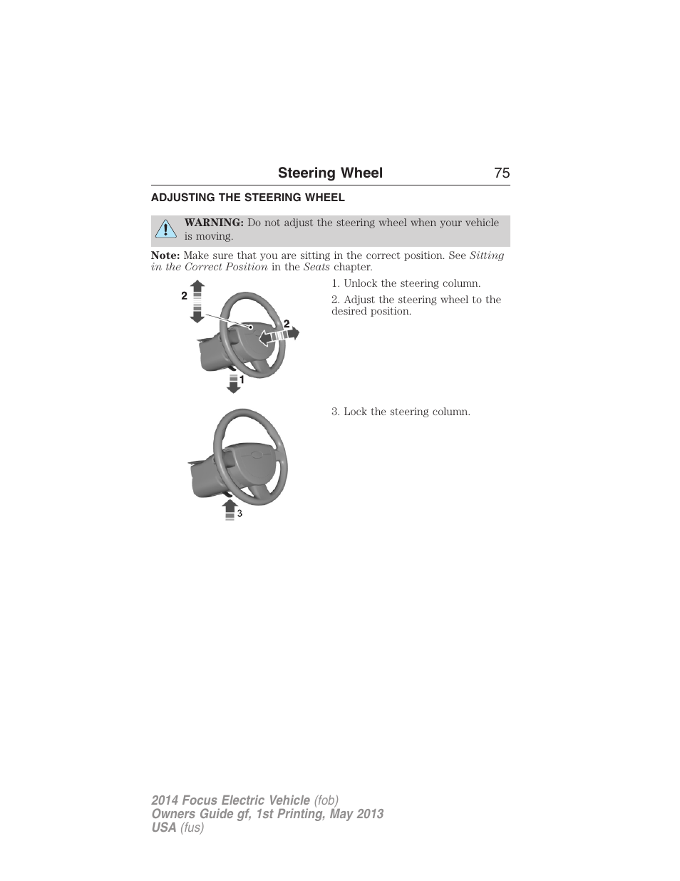 Steering wheel, Adjusting the steering wheel, Steering wheel 75 | FORD 2014 Focus Electric User Manual | Page 76 / 403