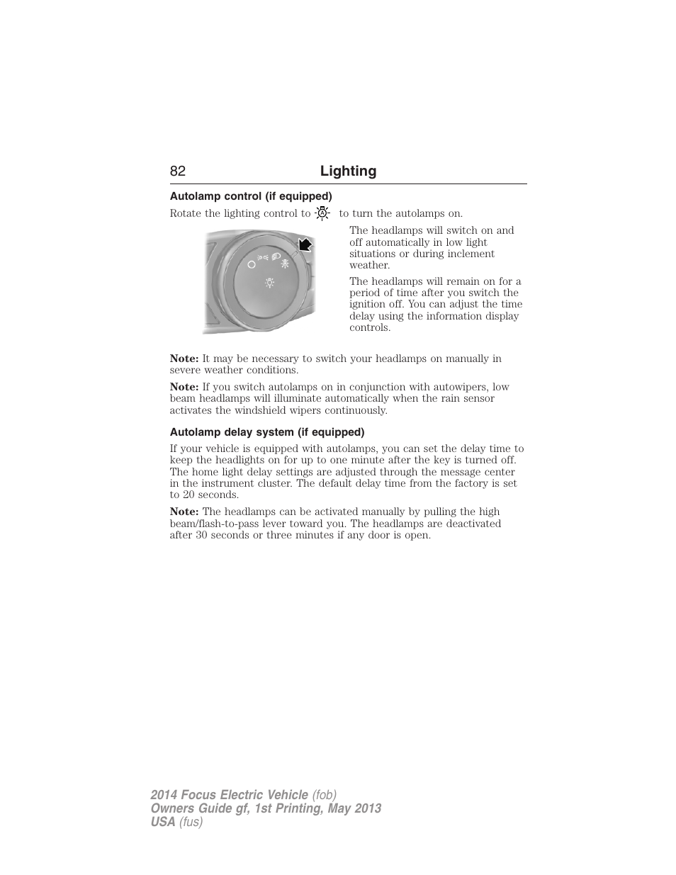 Autolamp control (if equipped), Autolamp delay system (if equipped), Autolamps | 82 lighting | FORD 2014 Focus Electric User Manual | Page 83 / 403