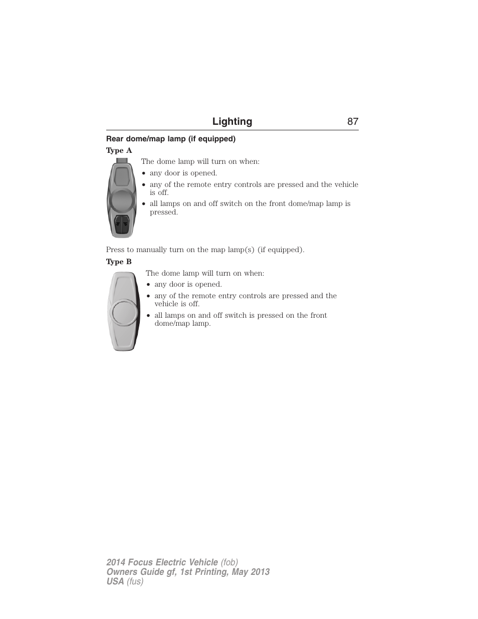 Rear dome/map lamp (if equipped), Lighting 87 | FORD 2014 Focus Electric User Manual | Page 88 / 403