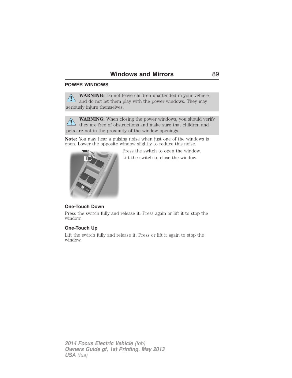 Windows and mirrors, Power windows, One-touch down | One-touch up, Windows and mirrors 89 | FORD 2014 Focus Electric User Manual | Page 90 / 403