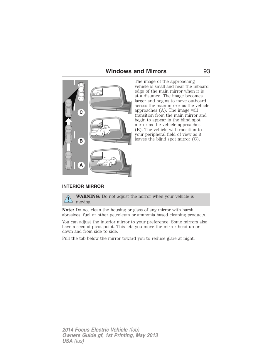 Interior mirror, Interior mirrors, Windows and mirrors 93 | FORD 2014 Focus Electric User Manual | Page 94 / 403