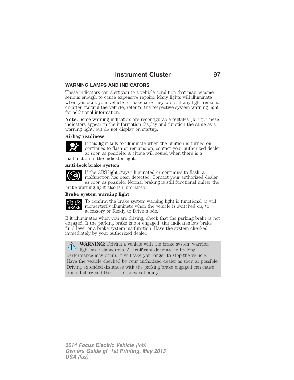 Warning lamps and indicators, Instrument cluster 97 | FORD 2014 Focus Electric User Manual | Page 98 / 403