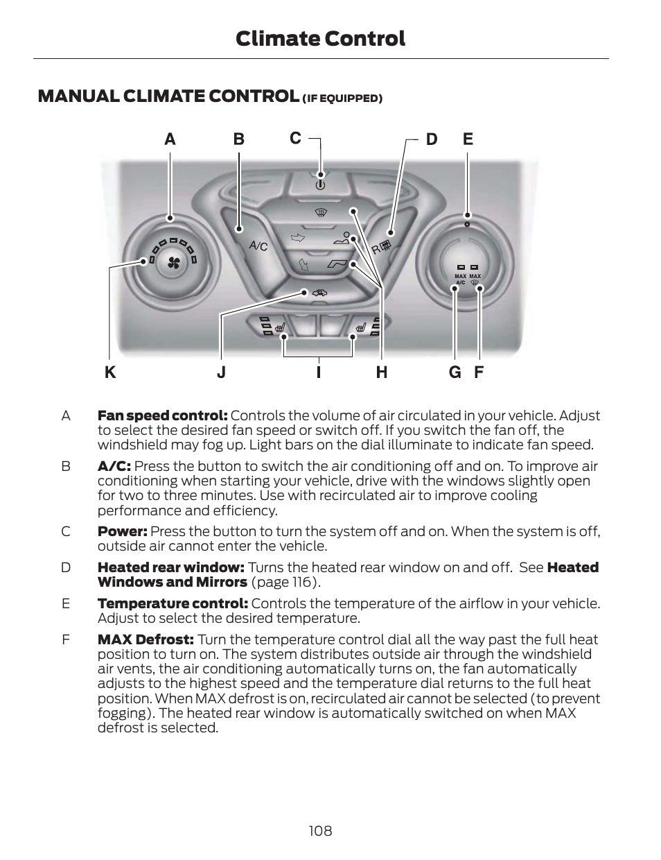 Climate control, Manual climate control | FORD 2014 Fusion v.1 User Manual | Page 111 / 457
