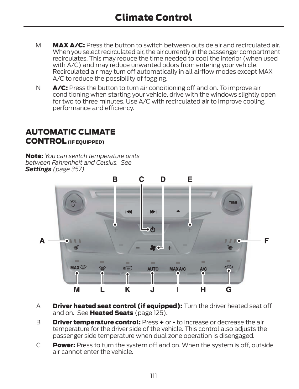 Climate control, Automatic climate control | FORD 2014 Fusion v.1 User Manual | Page 114 / 457