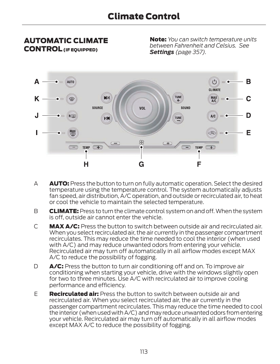 Climate control, Automatic climate control | FORD 2014 Fusion v.1 User Manual | Page 116 / 457