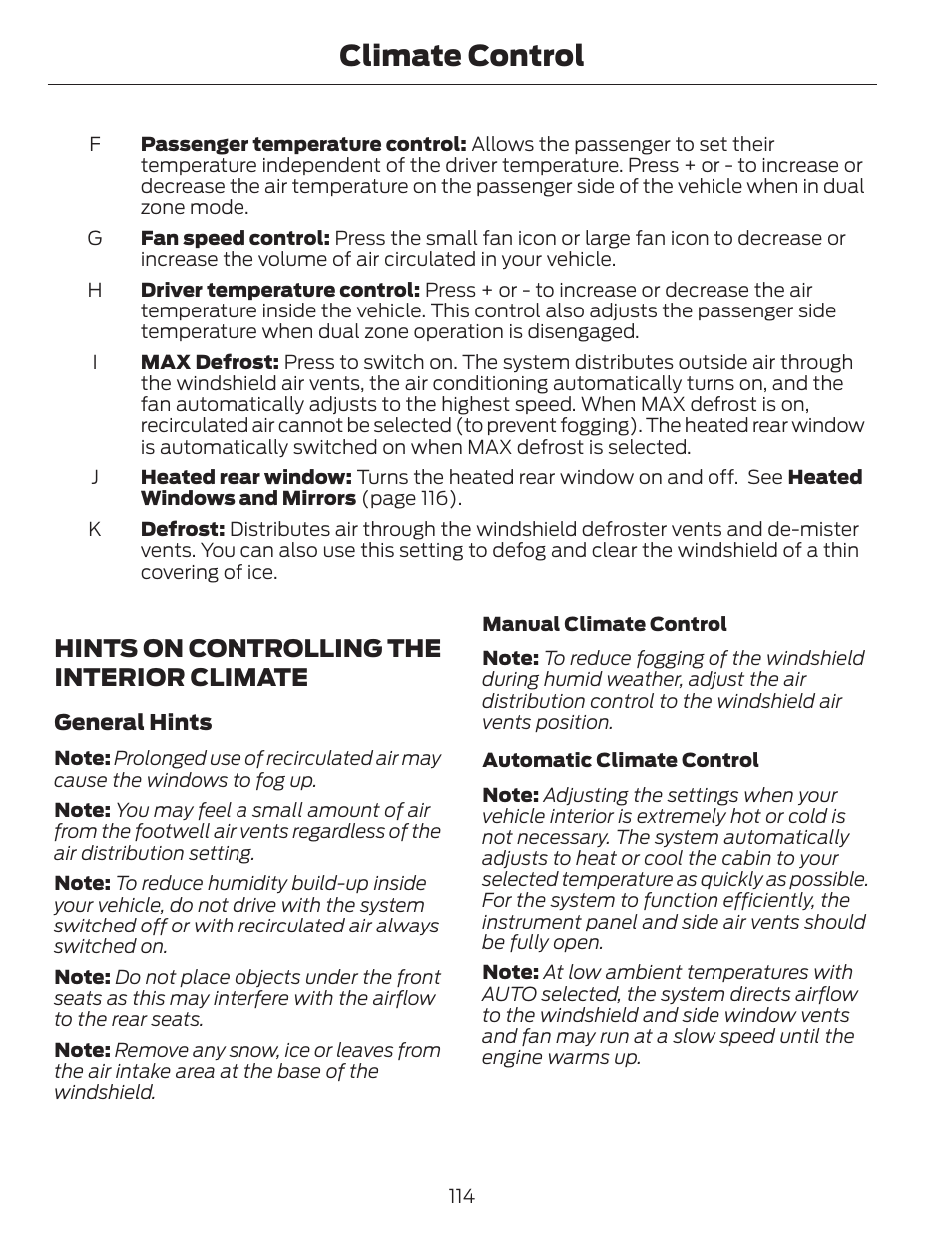 Climate control, Hints on controlling the interior climate | FORD 2014 Fusion v.1 User Manual | Page 117 / 457