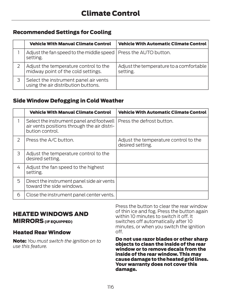 Climate control, Heated windows and mirrors | FORD 2014 Fusion v.1 User Manual | Page 119 / 457