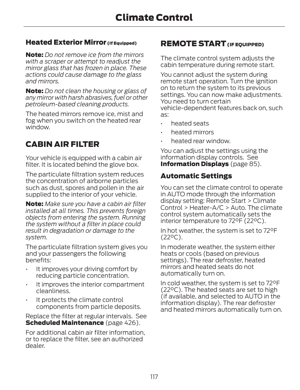 Climate control, Cabin air filter, Remote start | FORD 2014 Fusion v.1 User Manual | Page 120 / 457