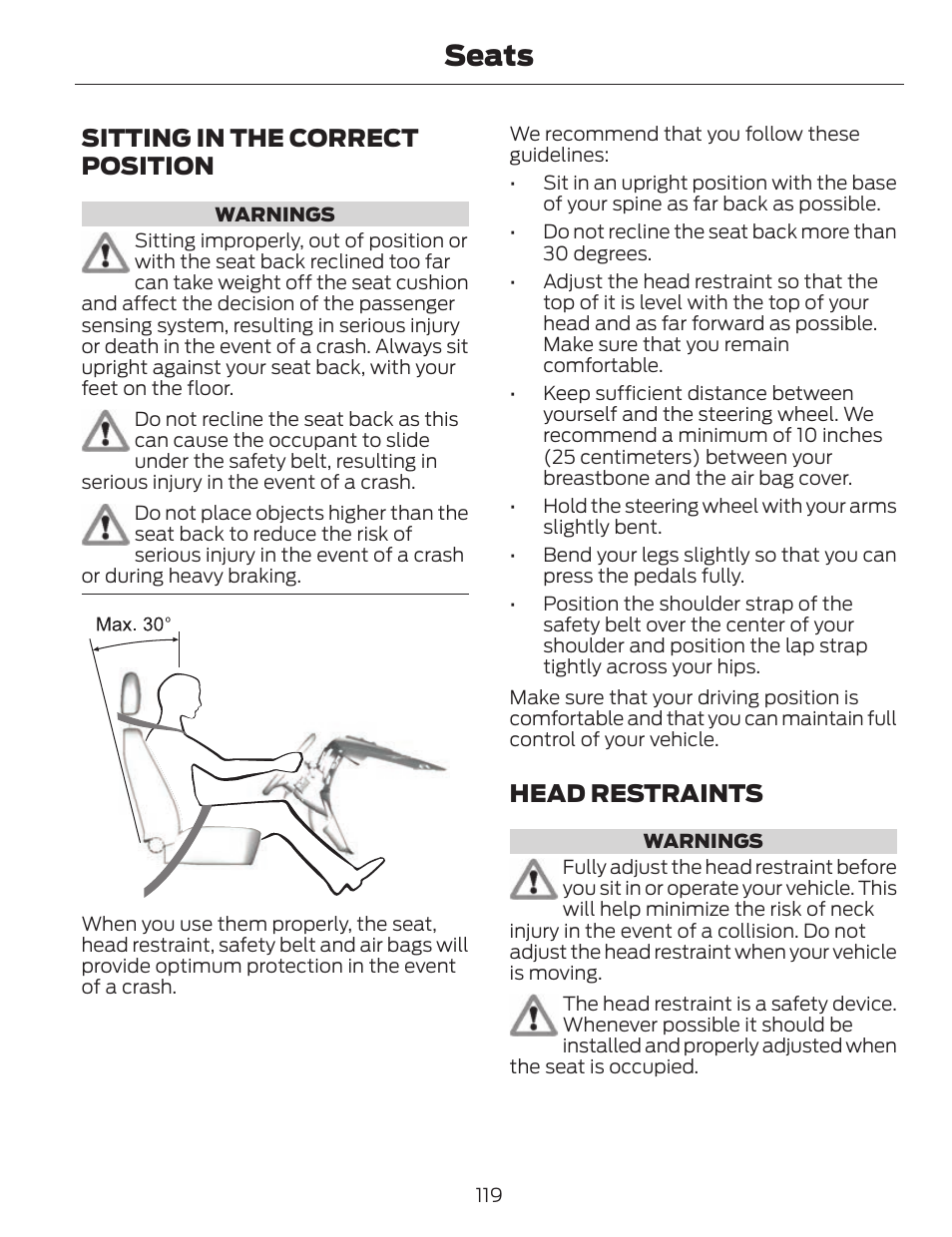 Seats, Sitting in the correct position, Head restraints | FORD 2014 Fusion v.1 User Manual | Page 122 / 457