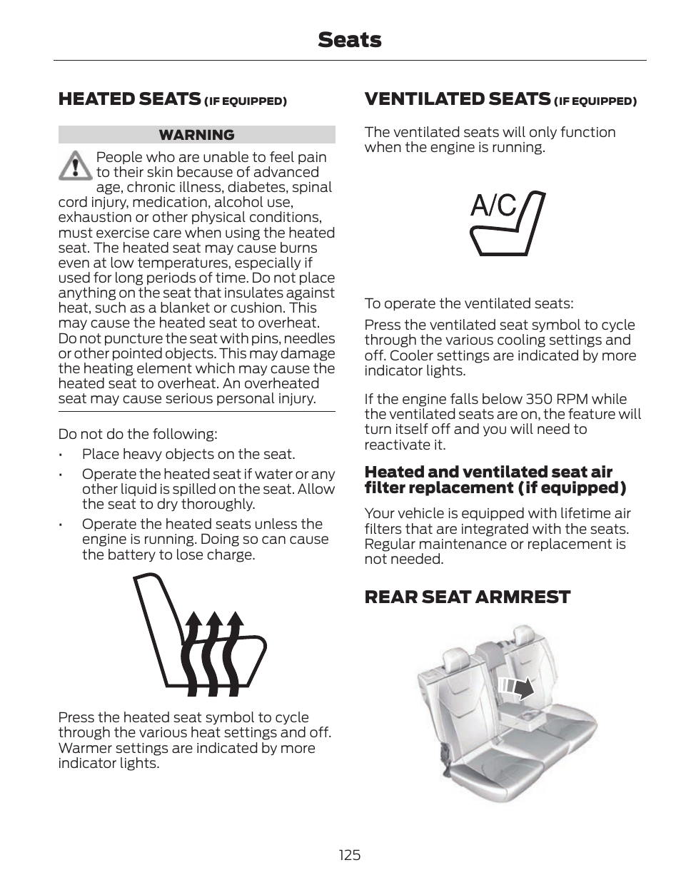 Seats, Heated seats, Ventilated seats | Rear seat armrest | FORD 2014 Fusion v.1 User Manual | Page 128 / 457