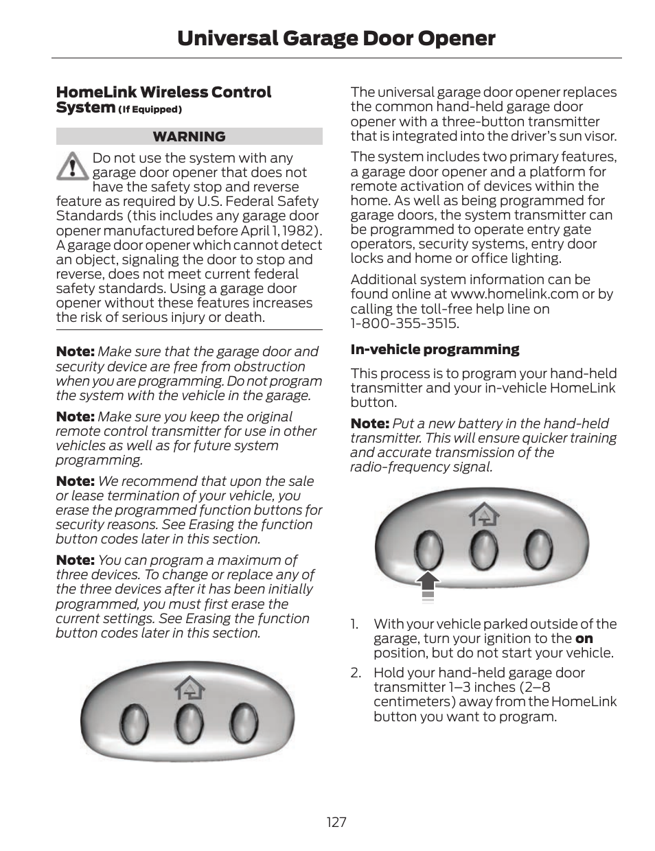 Universal garage door opener | FORD 2014 Fusion v.1 User Manual | Page 130 / 457
