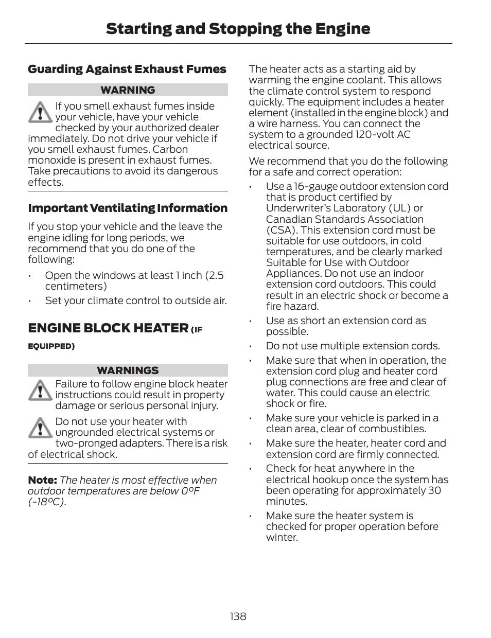 Starting and stopping the engine, Engine block heater | FORD 2014 Fusion v.1 User Manual | Page 141 / 457