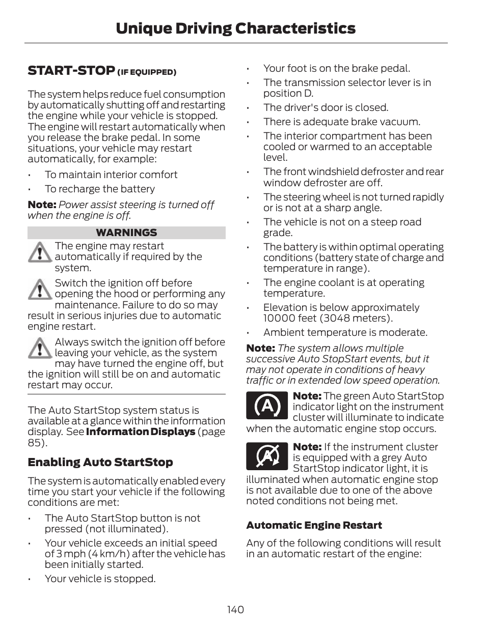 Unique driving characteristics, Start-stop | FORD 2014 Fusion v.1 User Manual | Page 143 / 457