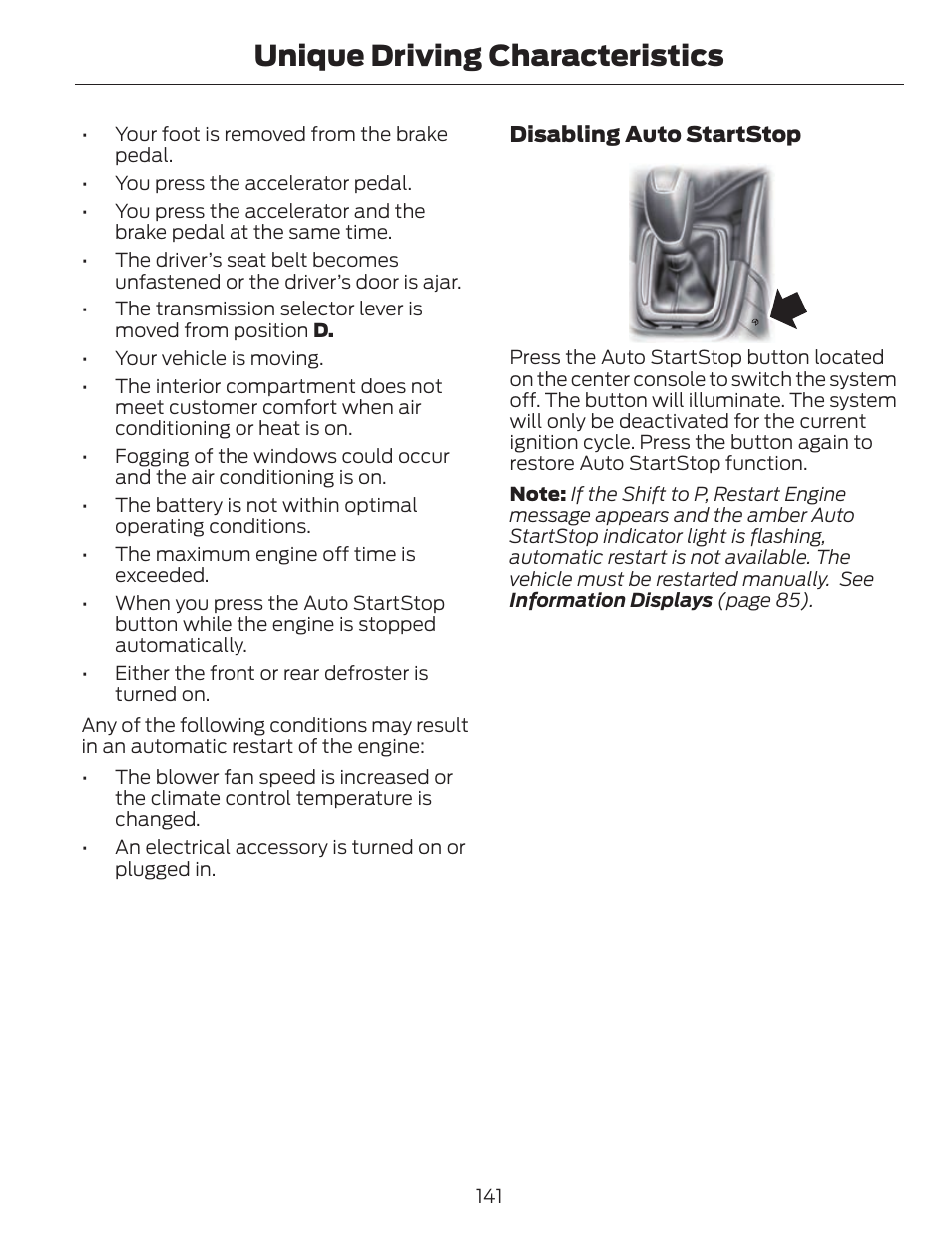 Unique driving characteristics, Disabling auto startstop | FORD 2014 Fusion v.1 User Manual | Page 144 / 457