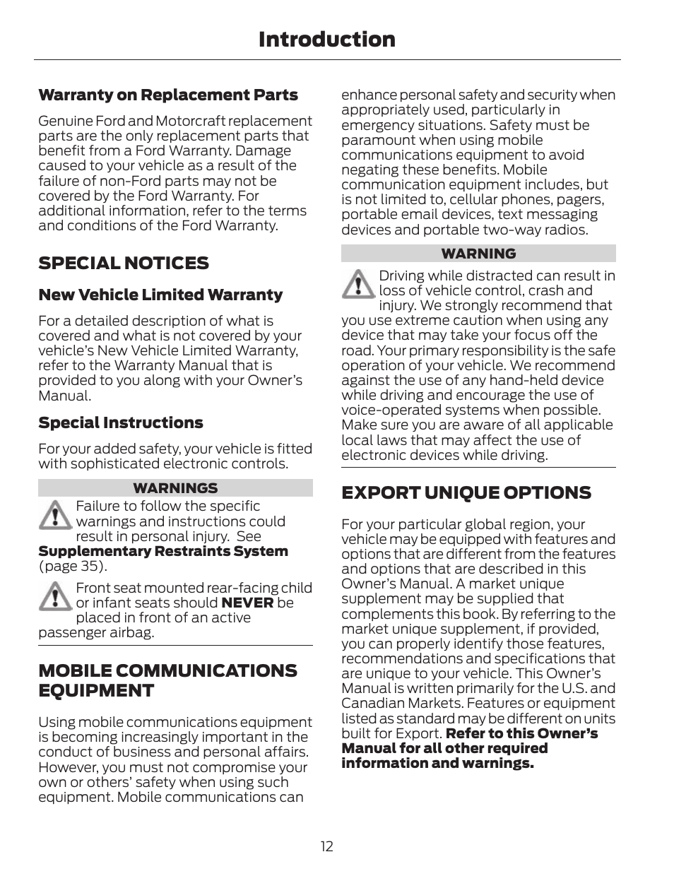 Introduction, Special notices, Mobile communications equipment | Export unique options | FORD 2014 Fusion v.1 User Manual | Page 15 / 457