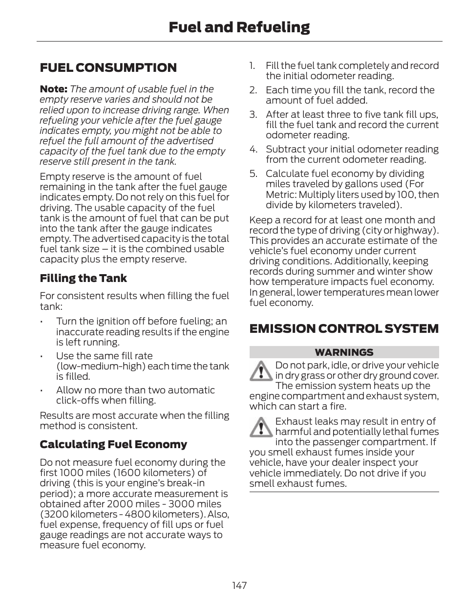 Fuel and refueling, Fuel consumption, Emission control system | FORD 2014 Fusion v.1 User Manual | Page 150 / 457