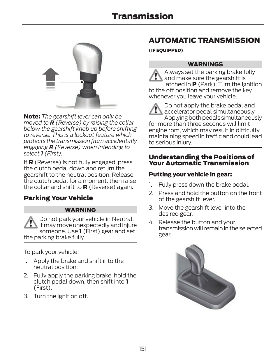Transmission, Automatic transmission, Parking your vehicle | FORD 2014 Fusion v.1 User Manual | Page 154 / 457