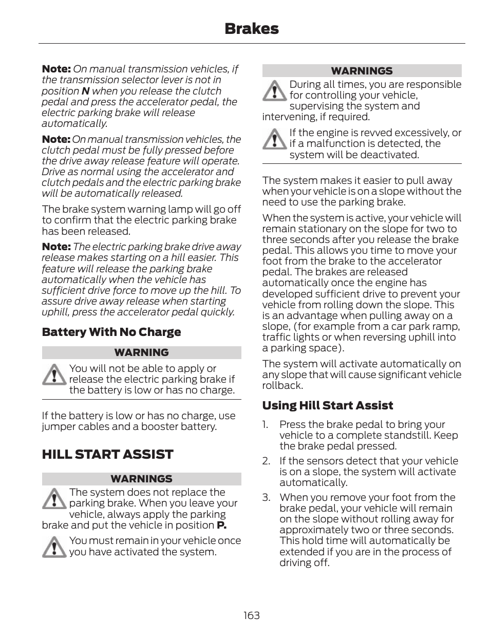 Brakes, Hill start assist | FORD 2014 Fusion v.1 User Manual | Page 166 / 457