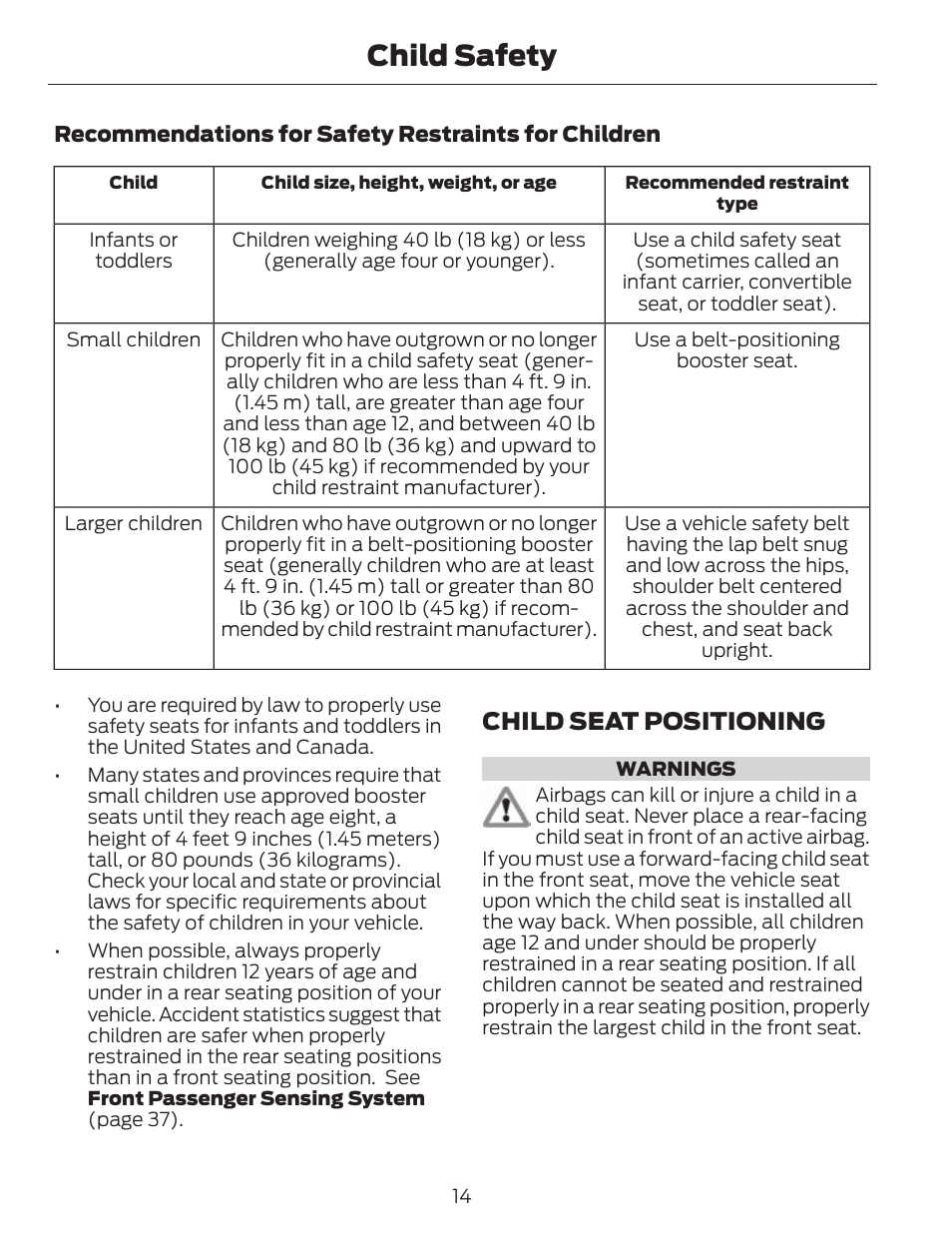 Child safety, Child seat positioning | FORD 2014 Fusion v.1 User Manual | Page 17 / 457
