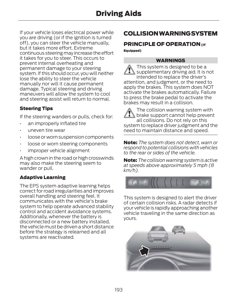 Driving aids, Collision warning system | FORD 2014 Fusion v.1 User Manual | Page 196 / 457