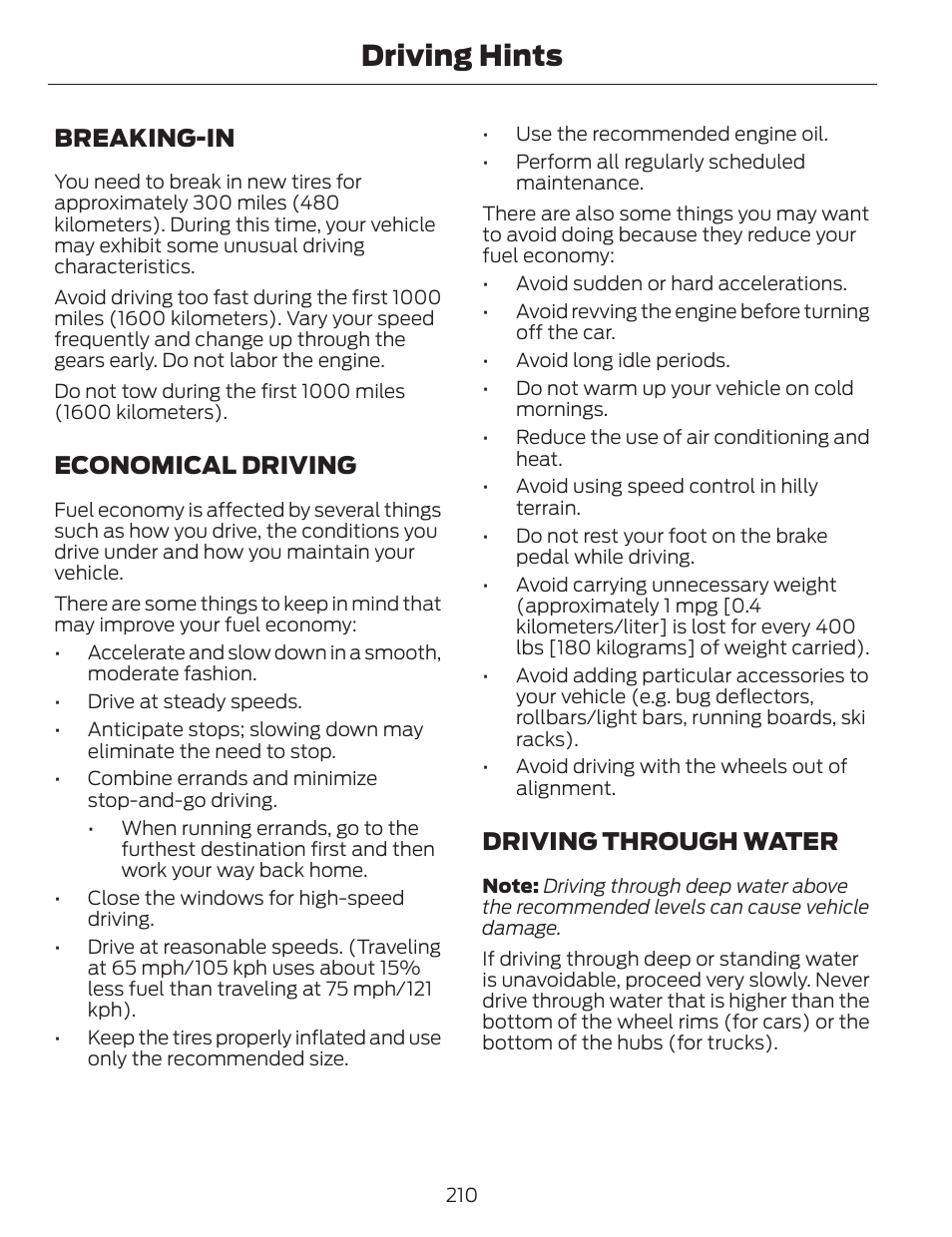 Driving hints, Breaking-in, Economical driving | Driving through water | FORD 2014 Fusion v.1 User Manual | Page 213 / 457
