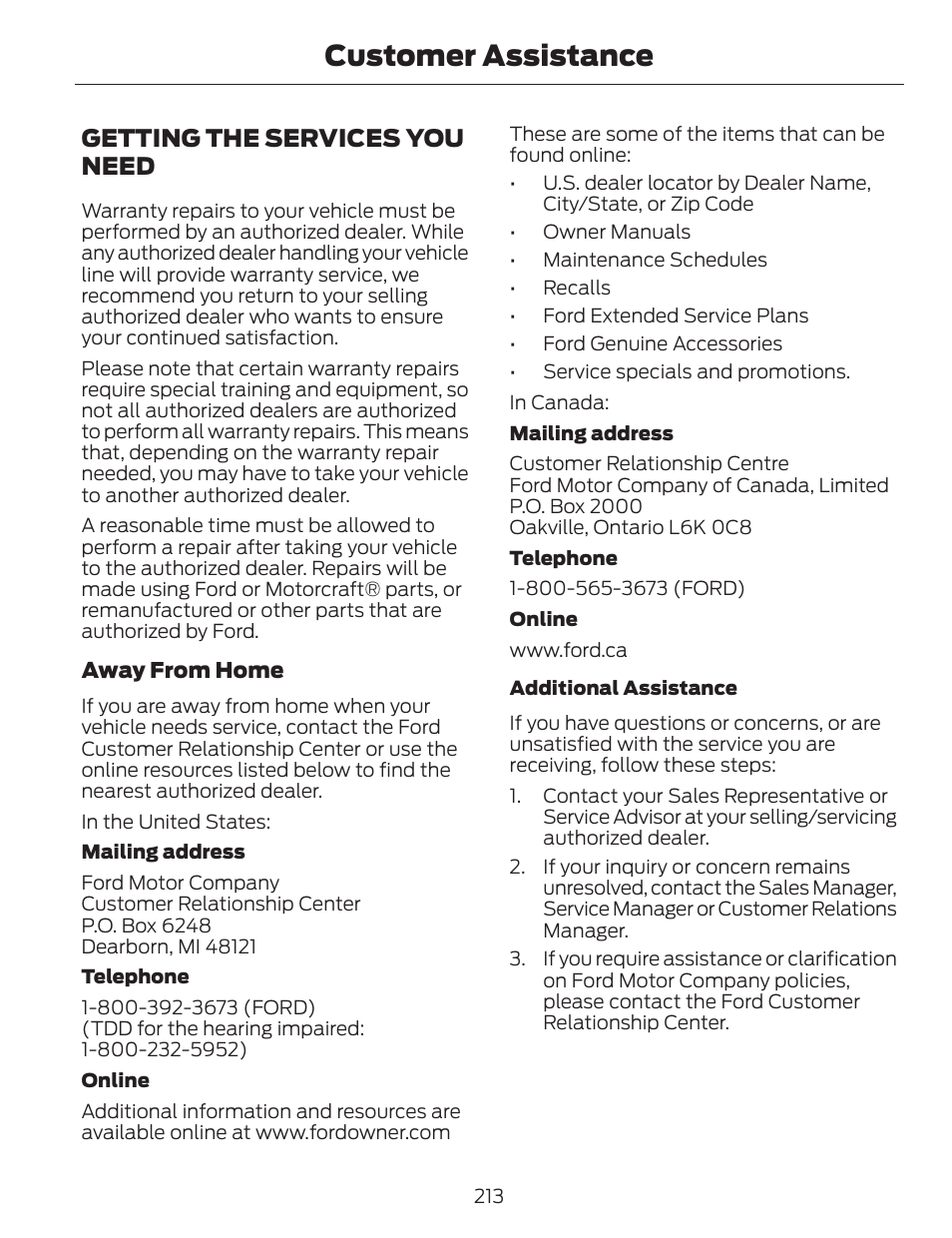 Customer assistance, Getting the services you need | FORD 2014 Fusion v.1 User Manual | Page 216 / 457