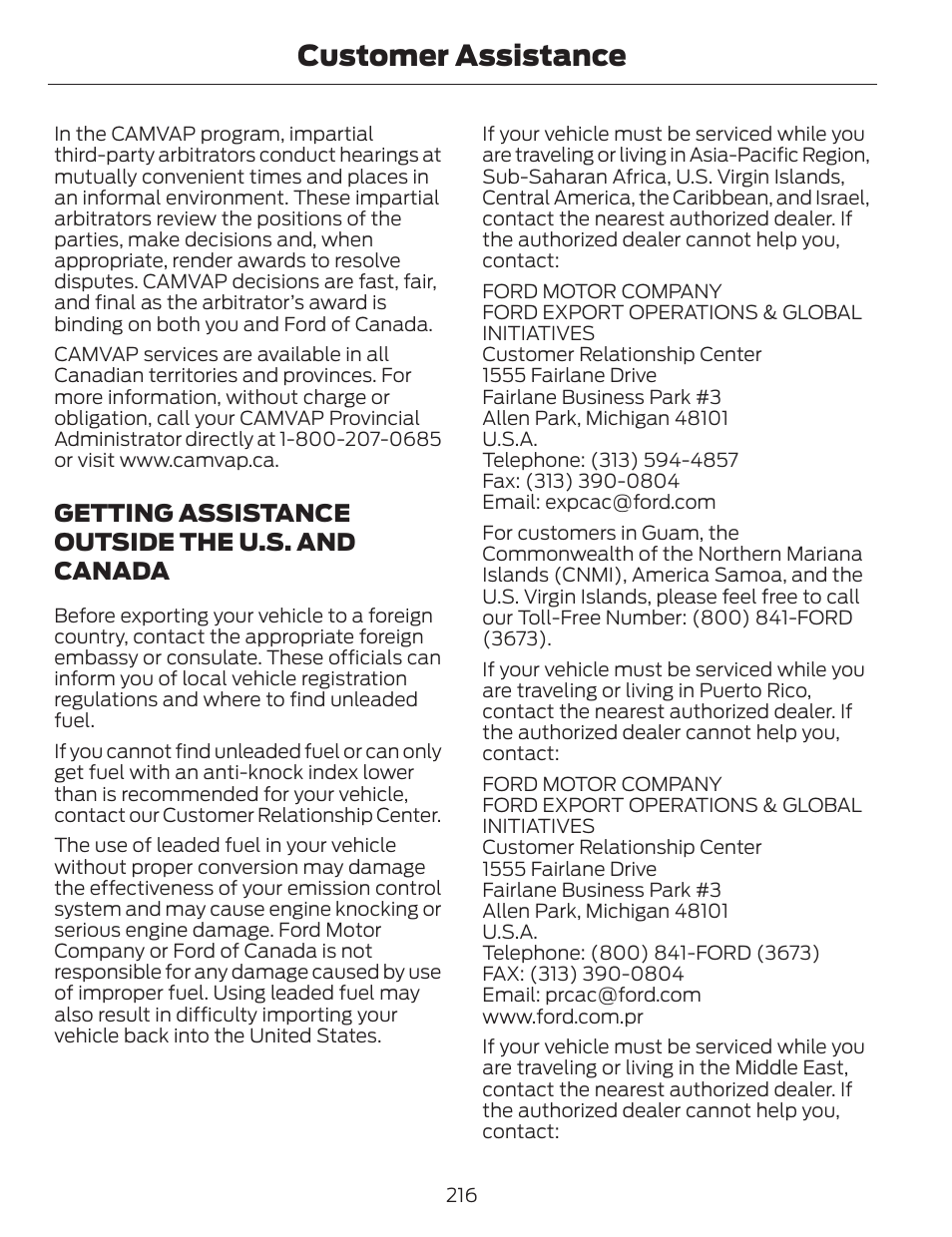 Customer assistance, Getting assistance outside the u.s. and canada | FORD 2014 Fusion v.1 User Manual | Page 219 / 457