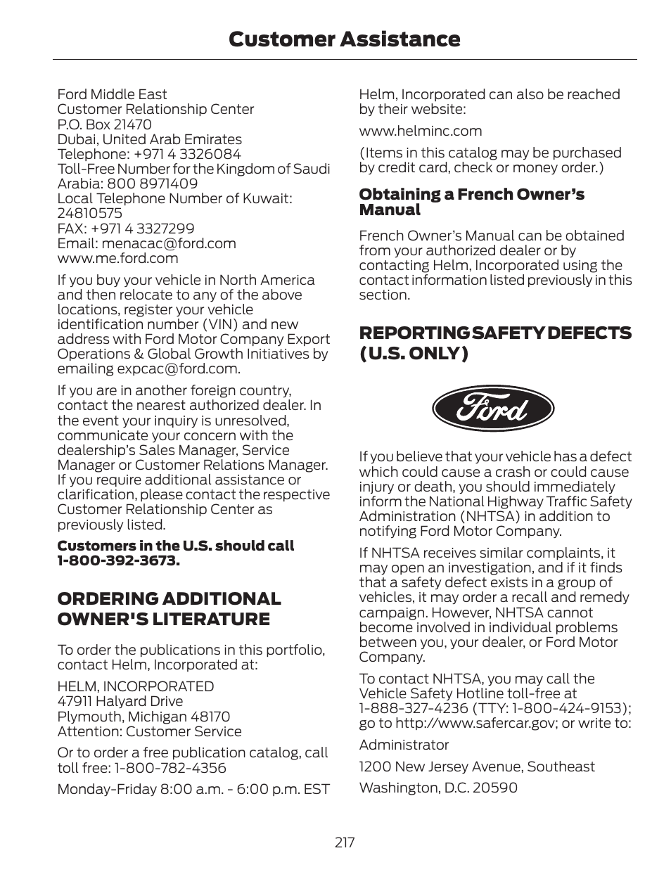 Customer assistance, Ordering additional owner's literature, Reporting safety defects (u.s. only) | FORD 2014 Fusion v.1 User Manual | Page 220 / 457
