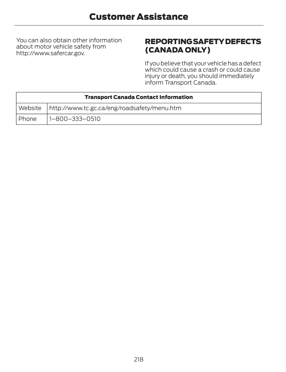 Customer assistance, Reporting safety defects (canada only) | FORD 2014 Fusion v.1 User Manual | Page 221 / 457