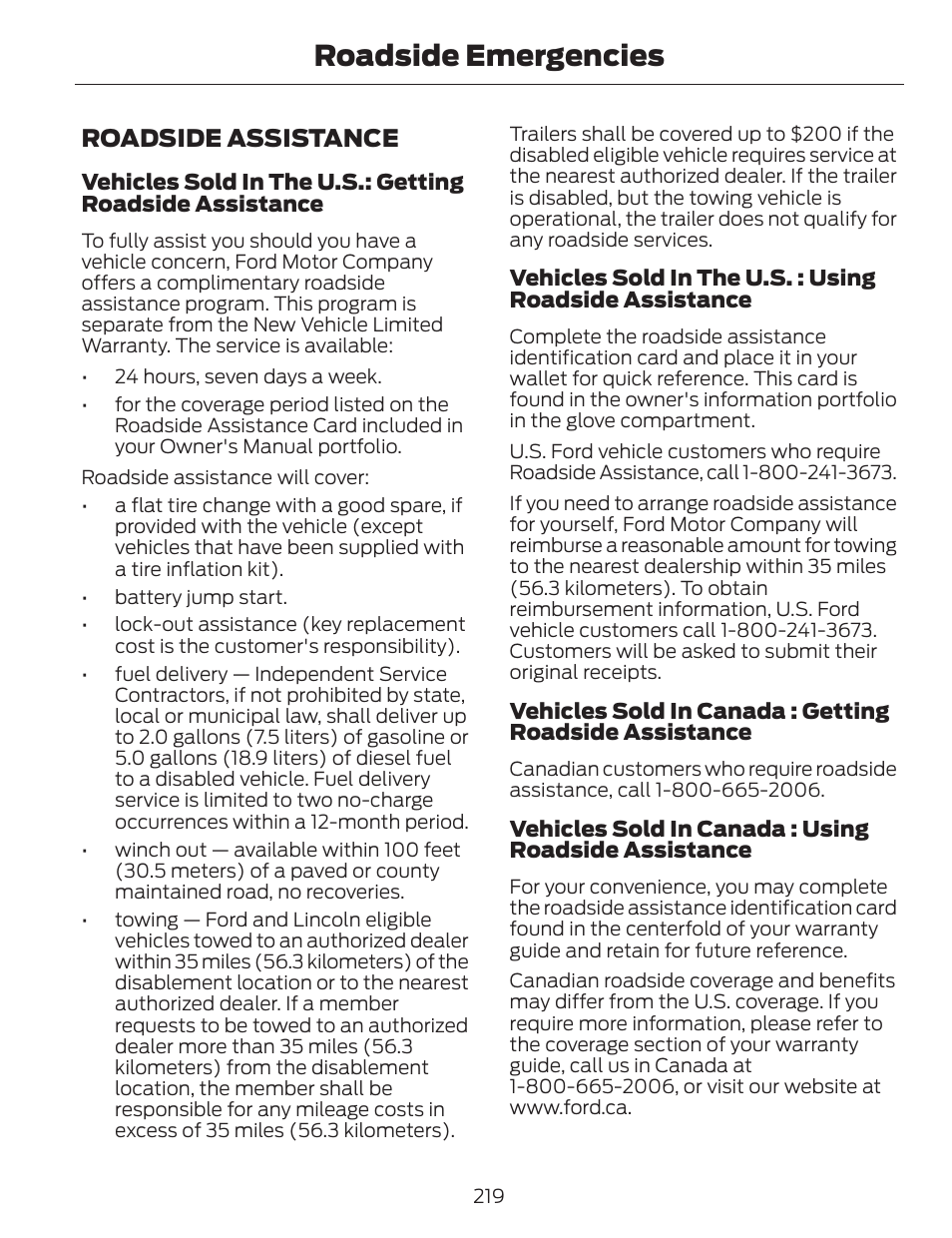 Roadside emergencies, Roadside assistance | FORD 2014 Fusion v.1 User Manual | Page 222 / 457