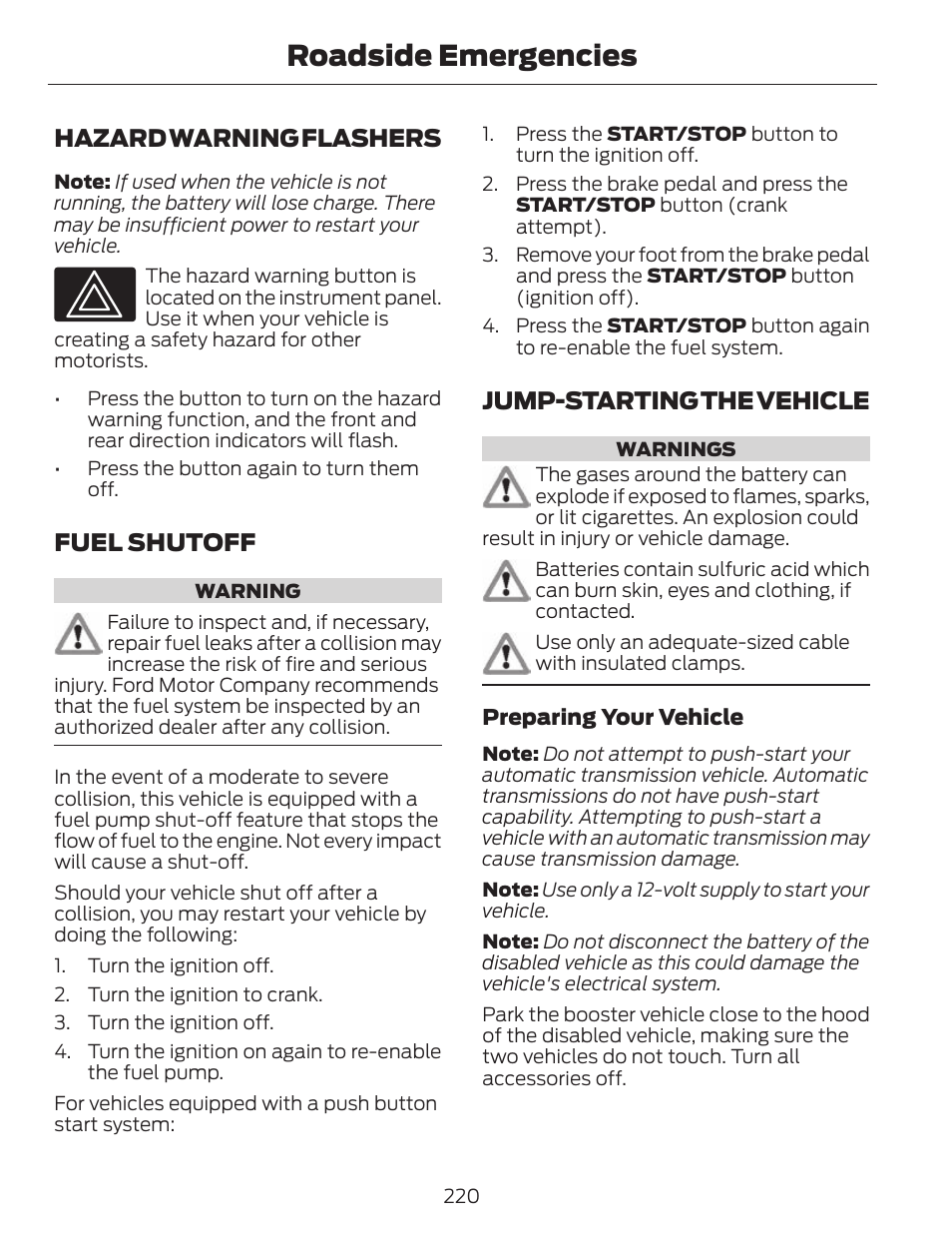Roadside emergencies, Hazard warning flashers, Fuel shutoff | Jump-starting the vehicle | FORD 2014 Fusion v.1 User Manual | Page 223 / 457