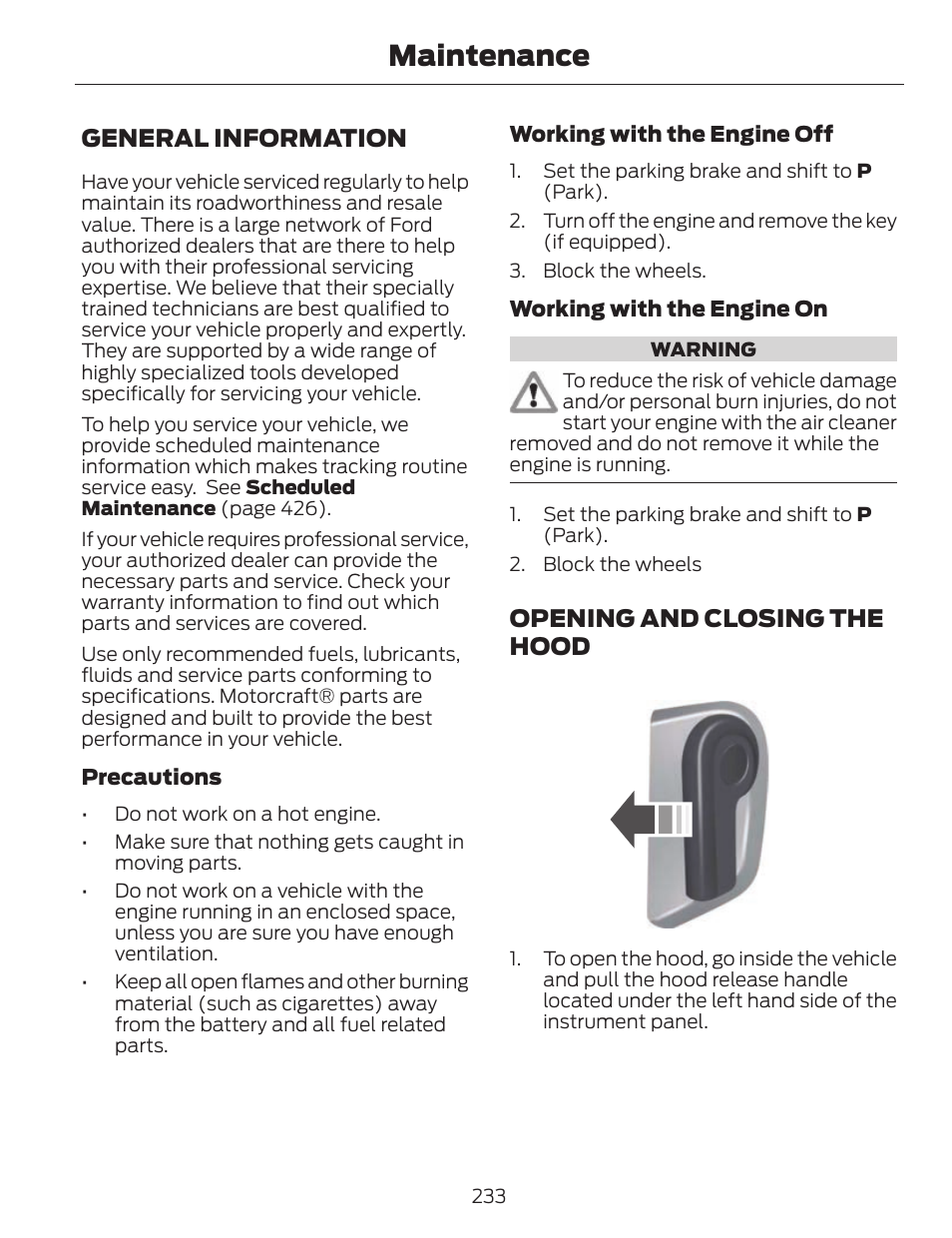 Maintenance, General information, Opening and closing the hood | FORD 2014 Fusion v.1 User Manual | Page 236 / 457