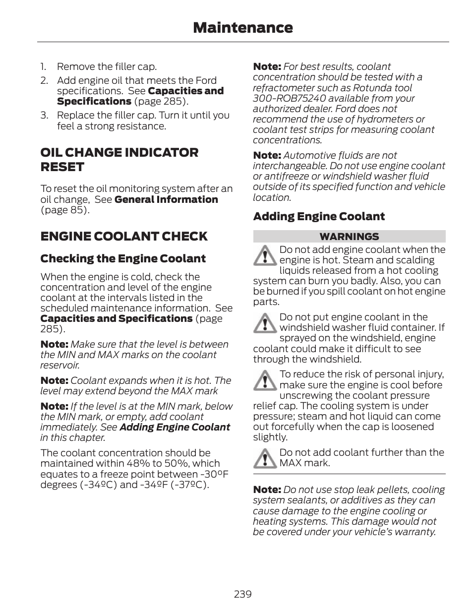 Maintenance, Oil change indicator reset, Engine coolant check | FORD 2014 Fusion v.1 User Manual | Page 242 / 457