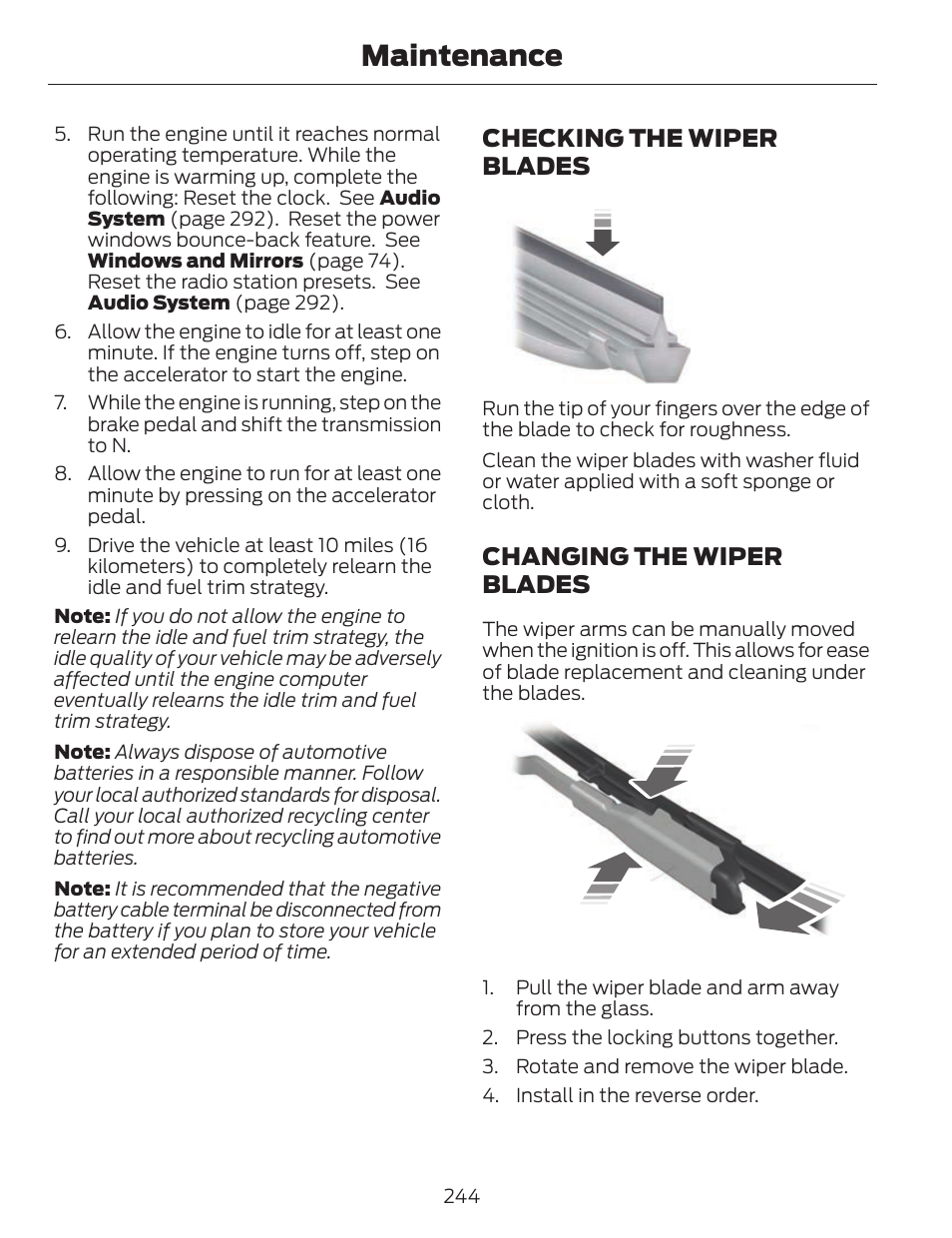 Maintenance, Checking the wiper blades, Changing the wiper blades | FORD 2014 Fusion v.1 User Manual | Page 247 / 457