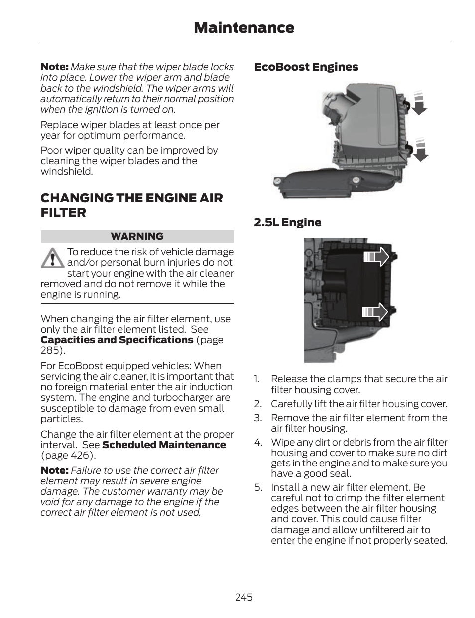 Maintenance, Changing the engine air filter | FORD 2014 Fusion v.1 User Manual | Page 248 / 457