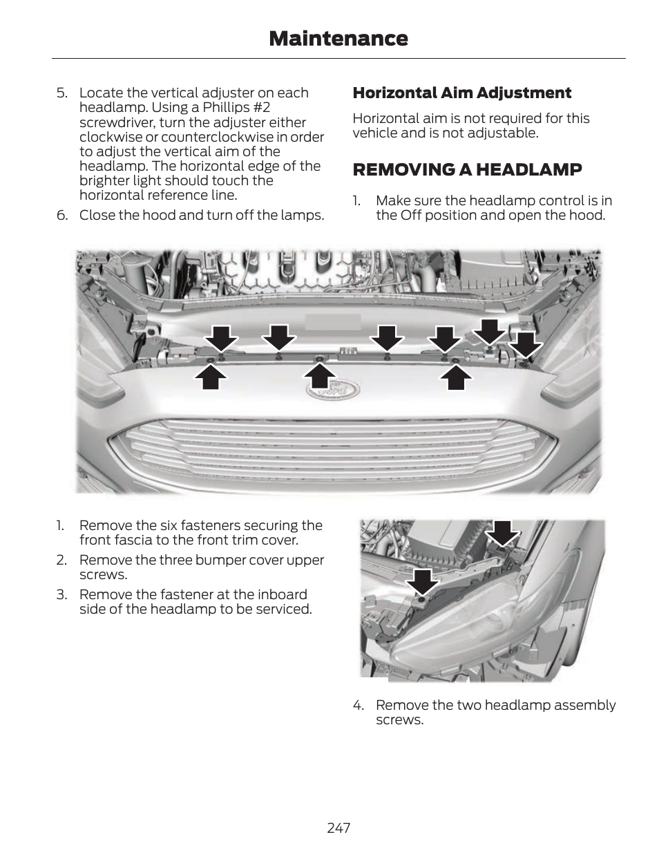 Maintenance, Removing a headlamp | FORD 2014 Fusion v.1 User Manual | Page 250 / 457