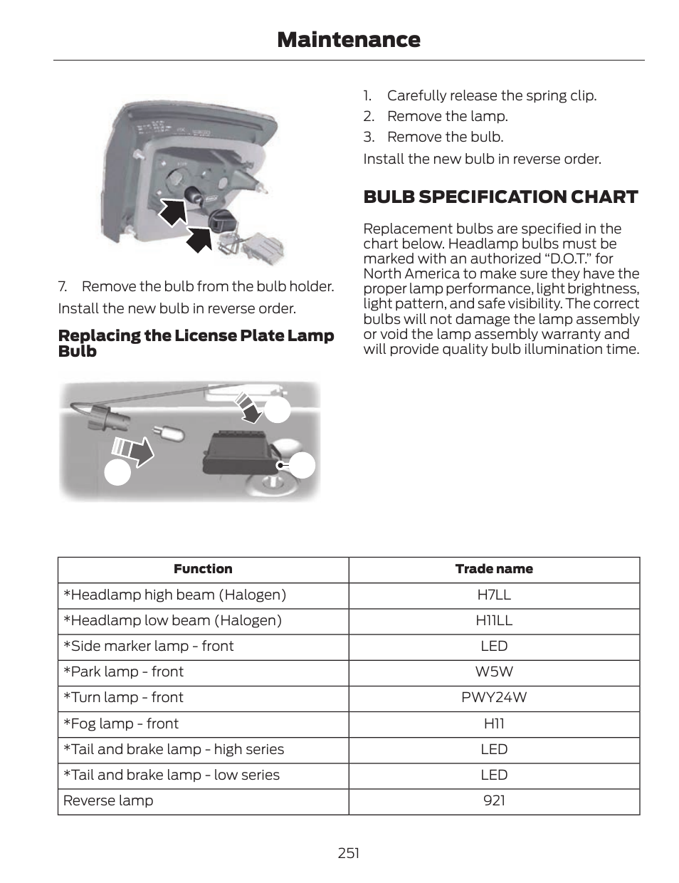 Maintenance, Bulb specification chart | FORD 2014 Fusion v.1 User Manual | Page 254 / 457
