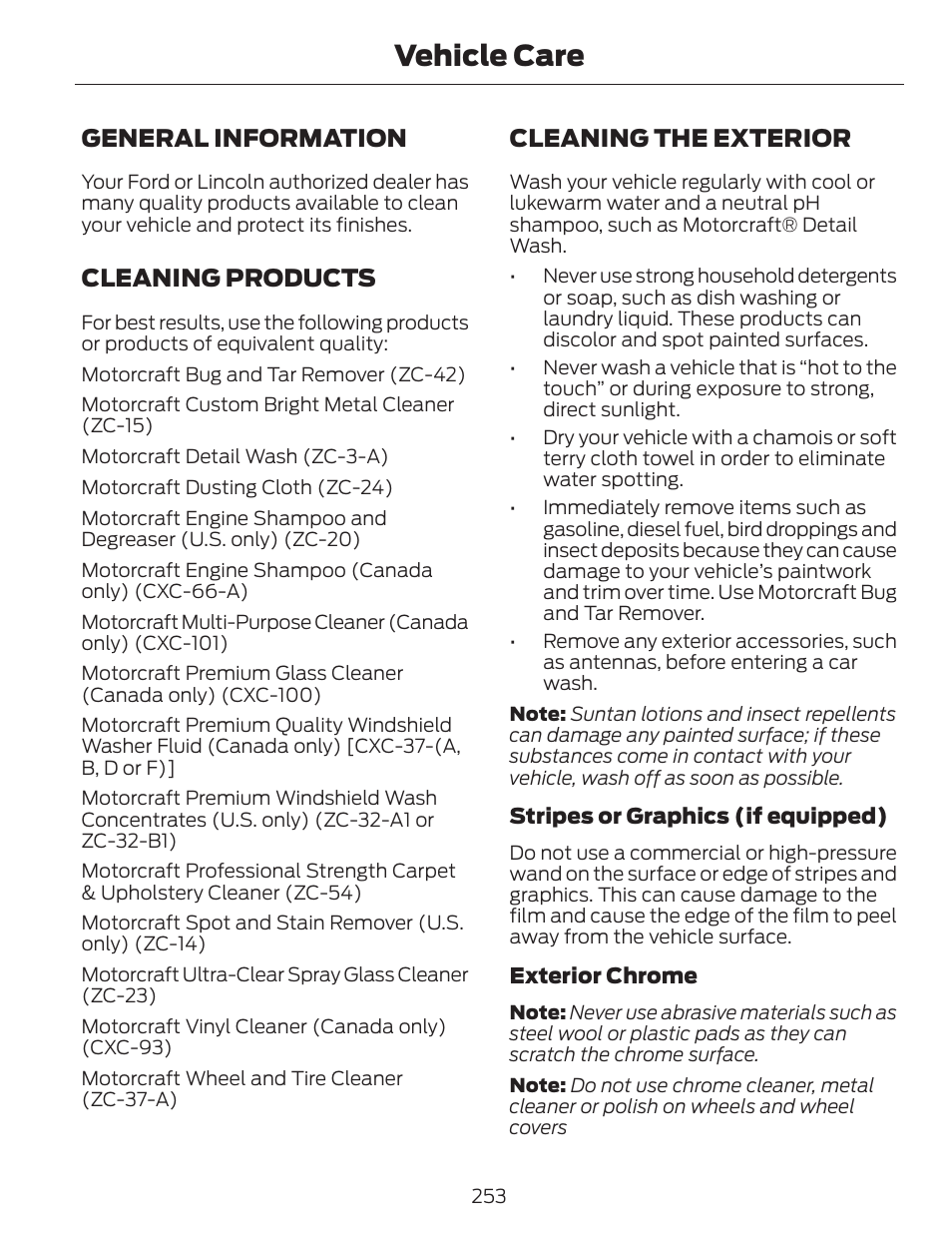 Vehicle care, General information, Cleaning products | Cleaning the exterior | FORD 2014 Fusion v.1 User Manual | Page 256 / 457