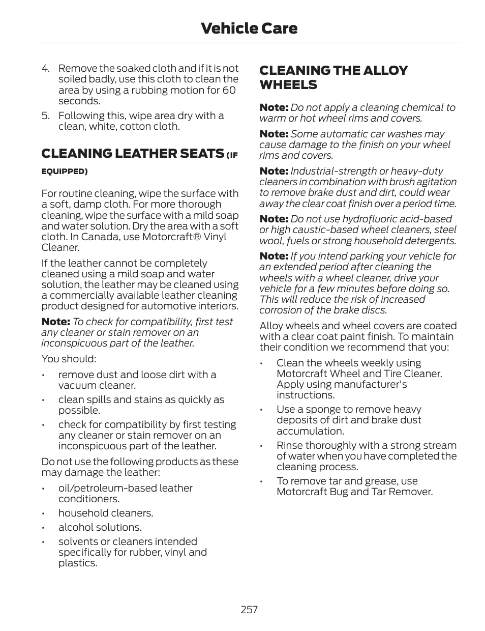 Vehicle care, Cleaning leather seats, Cleaning the alloy wheels | FORD 2014 Fusion v.1 User Manual | Page 260 / 457