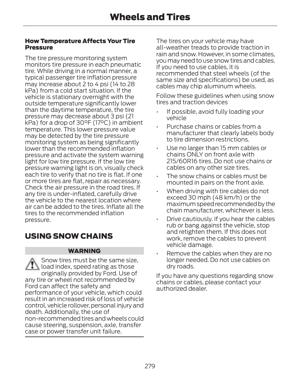 Wheels and tires, Using snow chains | FORD 2014 Fusion v.1 User Manual | Page 282 / 457