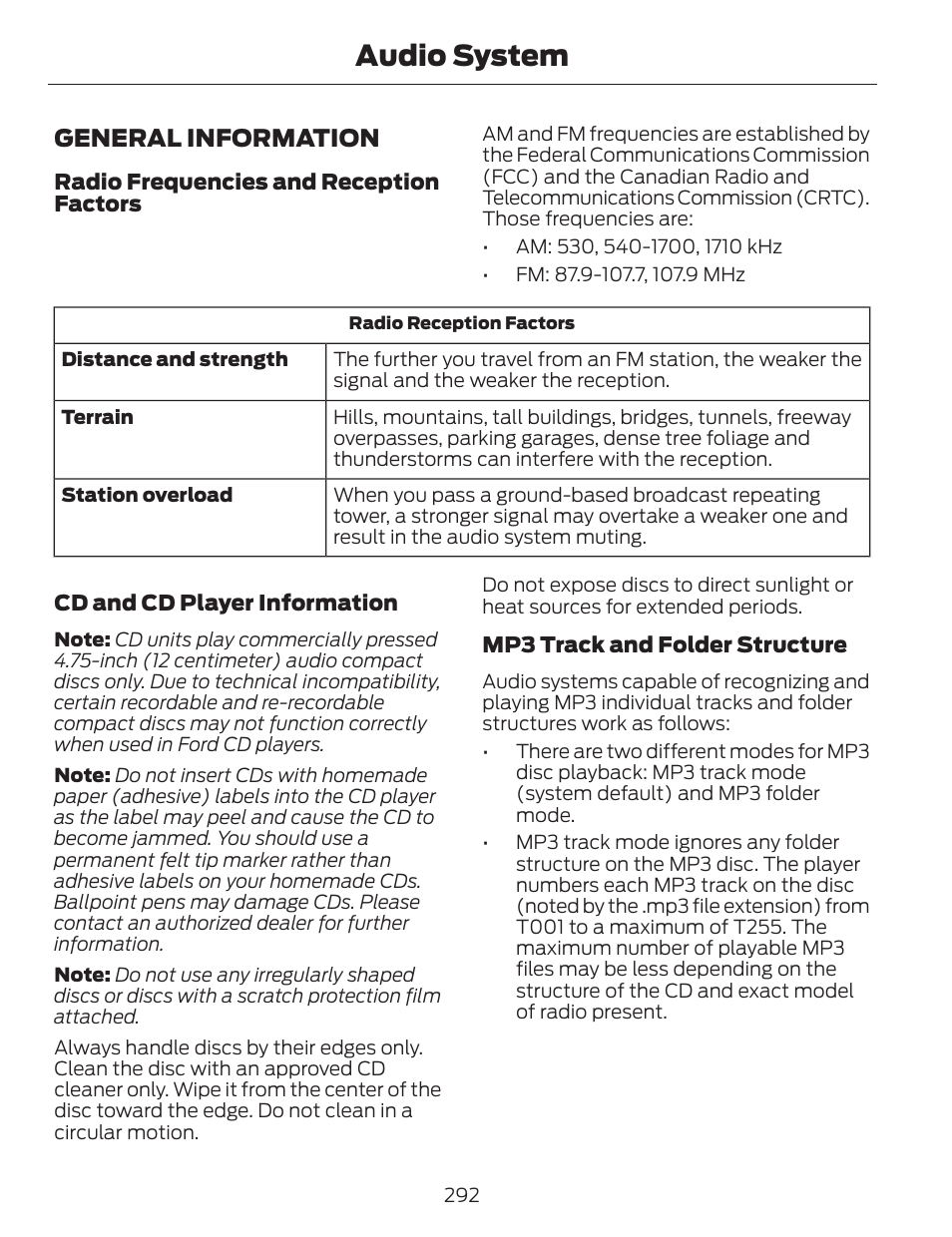 Audio system, General information | FORD 2014 Fusion v.1 User Manual | Page 295 / 457