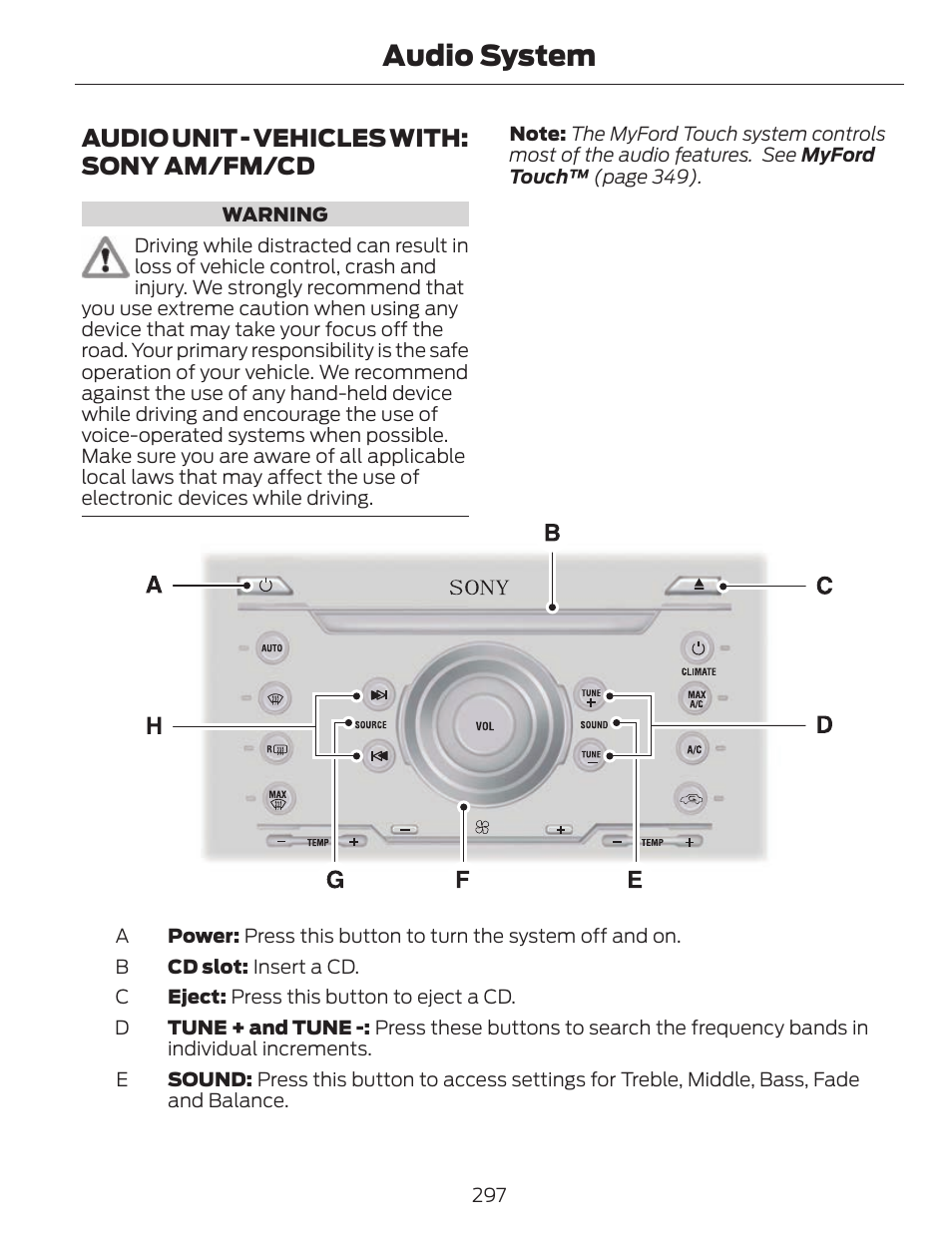 Audio system, Audio unit - vehicles with: sony am/fm/cd | FORD 2014 Fusion v.1 User Manual | Page 300 / 457