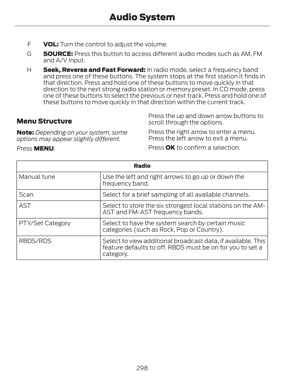 Audio system | FORD 2014 Fusion v.1 User Manual | Page 301 / 457