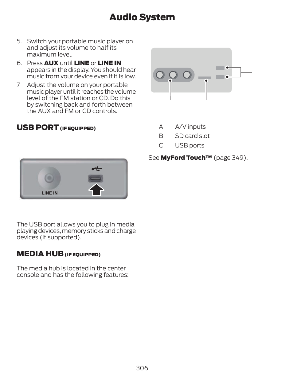 Audio system, Usb port, Media hub | Cb a | FORD 2014 Fusion v.1 User Manual | Page 309 / 457