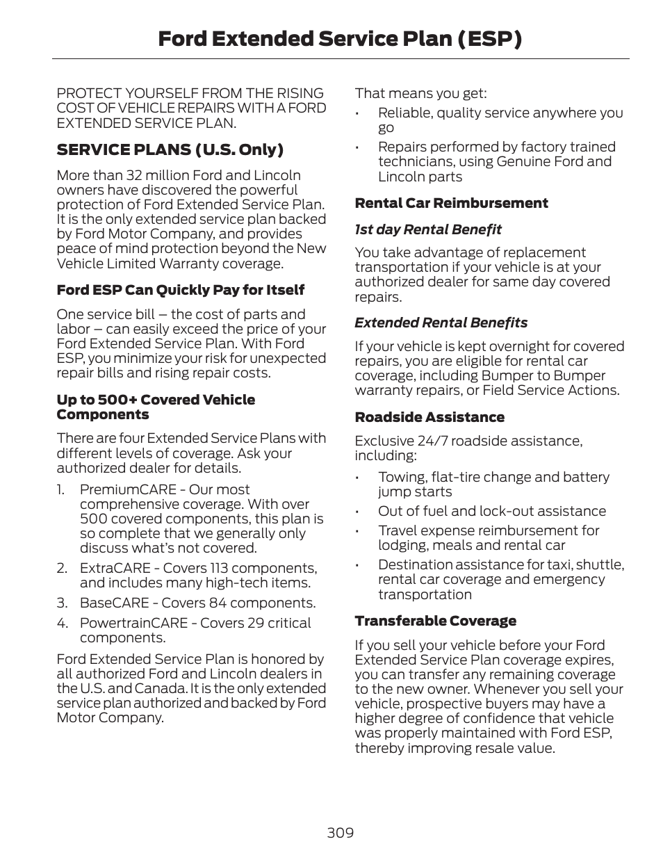 Ford extended service plan (esp) | FORD 2014 Fusion v.1 User Manual | Page 312 / 457